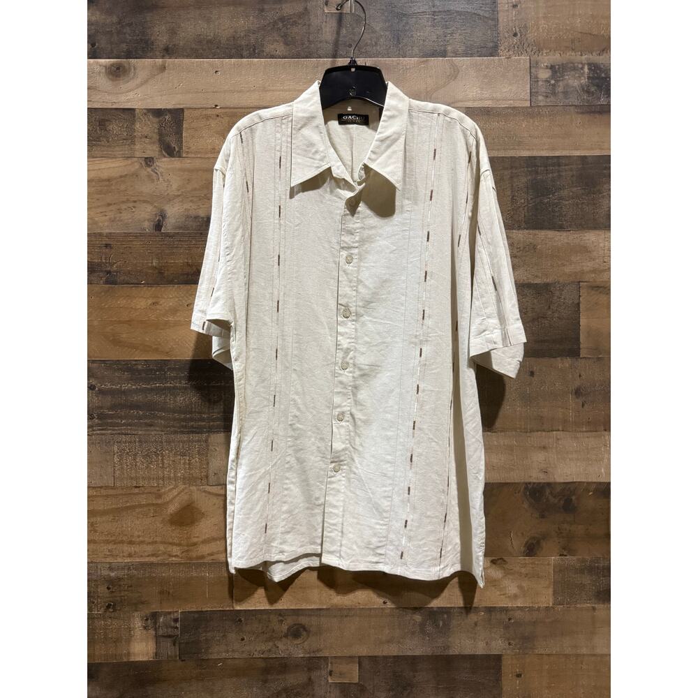 GACHU Short-Sleeve Button-Up Shirt-Ivory w/ Brown, Tan & White-Size XL
